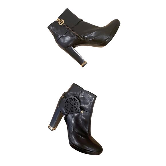 Tory Burch Leather Whitney Ankle Bootie Black/Gold Logo Size 9.5 - Picture 1 of 14